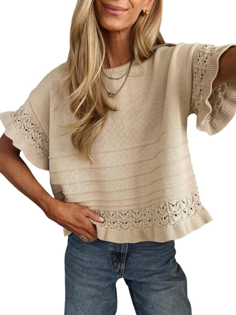 Women's Short Sleeve Ruffled Hem Knit Crochet Pullover Top - Casual Summer/Fall